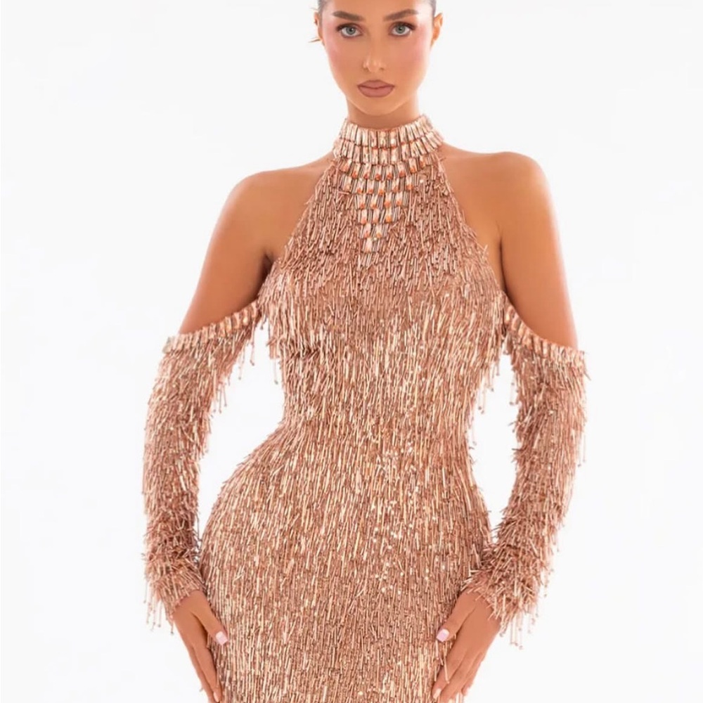 BRAND NEW Albina Dyla Bronze Serenity Gownsize 42 fits like a 4-6-8 Rose Gold - Picture 3 of 6